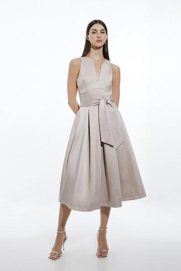 Champagne Beige Tailored Satin Bow Detail Full Skirted Midaxi Dress