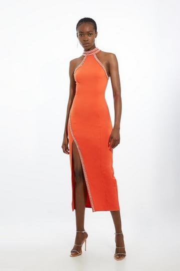 Orange Premium Embellished Ponte Jersey Midi Dress