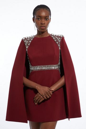 Crystal Embellished Cape Detail Mini Dress plum