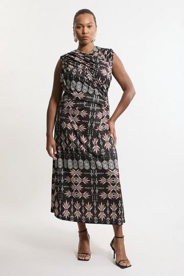 Plus Size Geo Printed Jersey Crepe Cross Front Maxi Dress geo