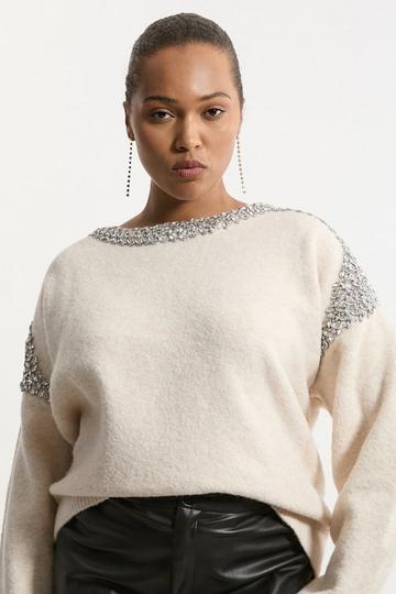 Plus Size Embellished Trim Cosy Knit Jumper ivory