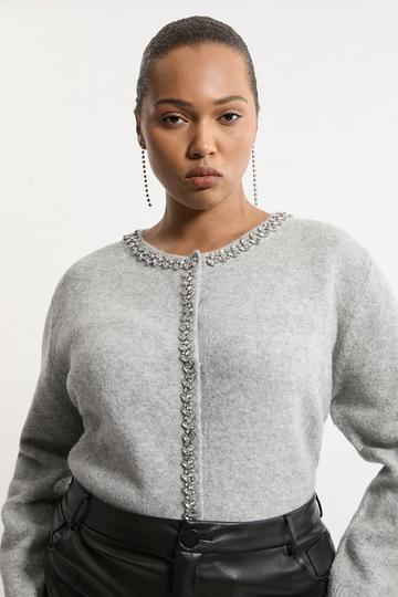 Plus Size Embellished Trim Cosy Knit Cardigan grey