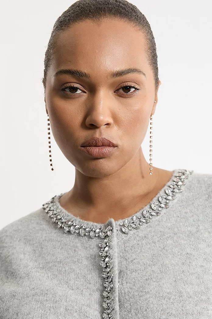 Plus Size Embellished Trim Cosy Knit Cardigan | Karen Millen Plus Size Embellished Trim Cosy Knit Cardigan | Karen Millen