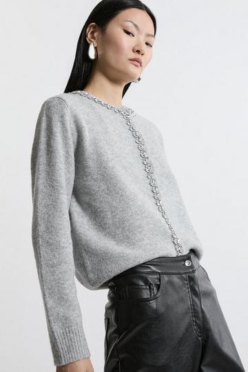 Embellished Trim Cosy Knit Cardigan grey