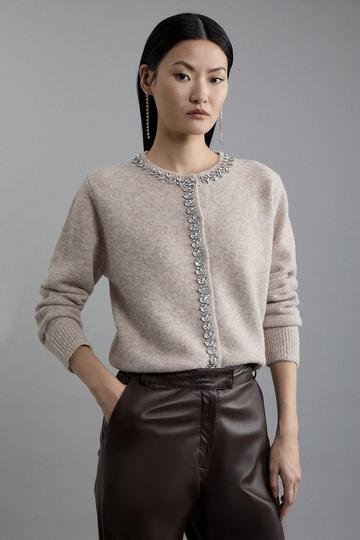Embellished Trim Cosy Knit Cardigan oatmeal