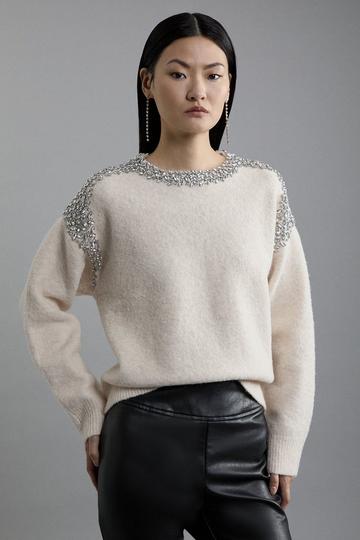 Embellished Trim Cosy Knit Jumper ivory