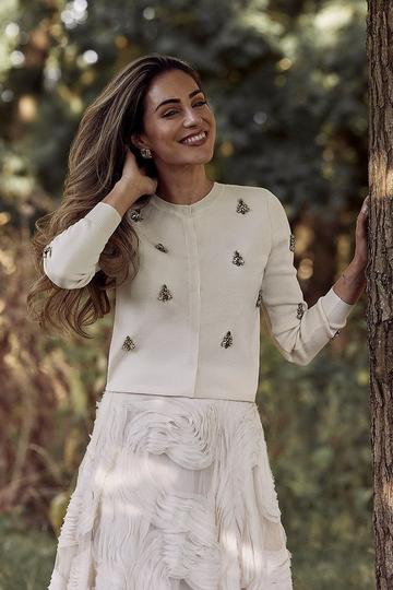 Lydia Millen All Over Embellished Dry Handle Viscose Blend Knit Cardi ivory