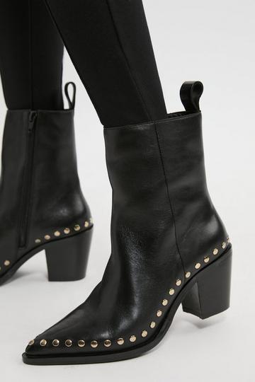 Black Leather Block Heel Stud Ankle Boot