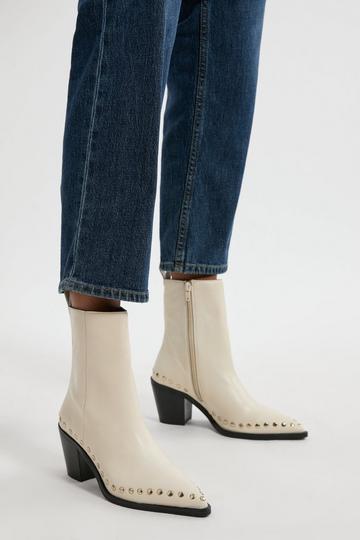 Leather Block Heel Stud Ankle Boot cream