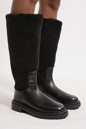 Leather Fur Lined Chunky Calf Boot black