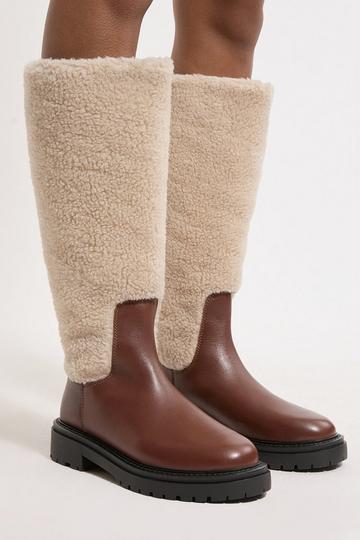 Leather Fur Lined Chunky Knee High Boot tan