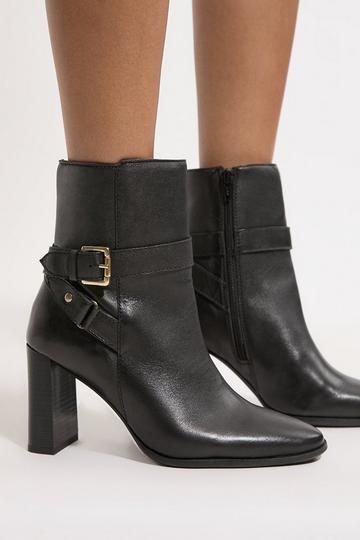 Black Leather Block Heel Buckle Ankle Boot