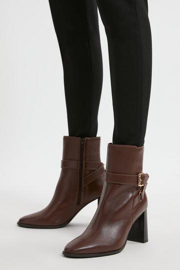 Leather Block Heel Buckle Ankle Boot tan