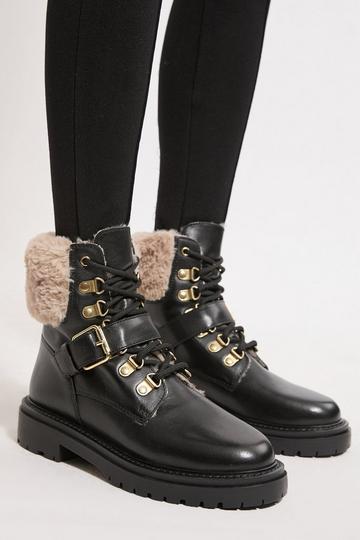 Leather Fur Lined Chunky Lace Up Worker Boot black