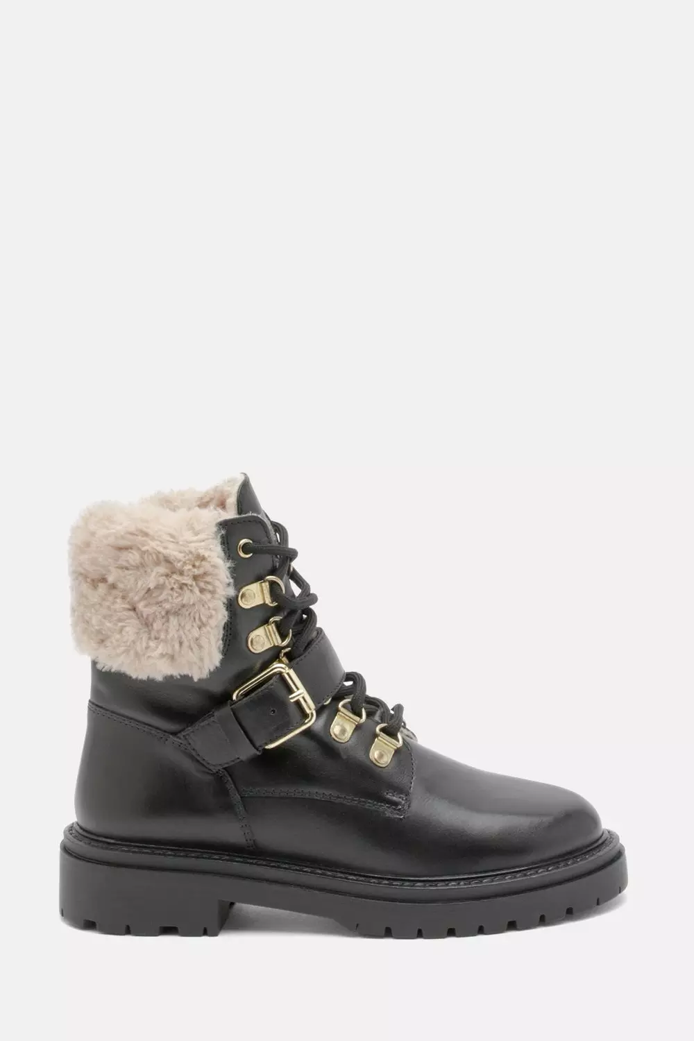 Karen Millen Womens Leather Fur Lined Chunky Lace Up Worker Boot Black Size 9