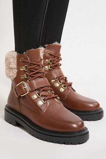 Leather Fur Lined Chunky Lace Up Worker Boot tan