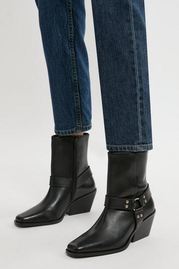 Black Square Toe Leather Cowboy Heeled Ankle Boot