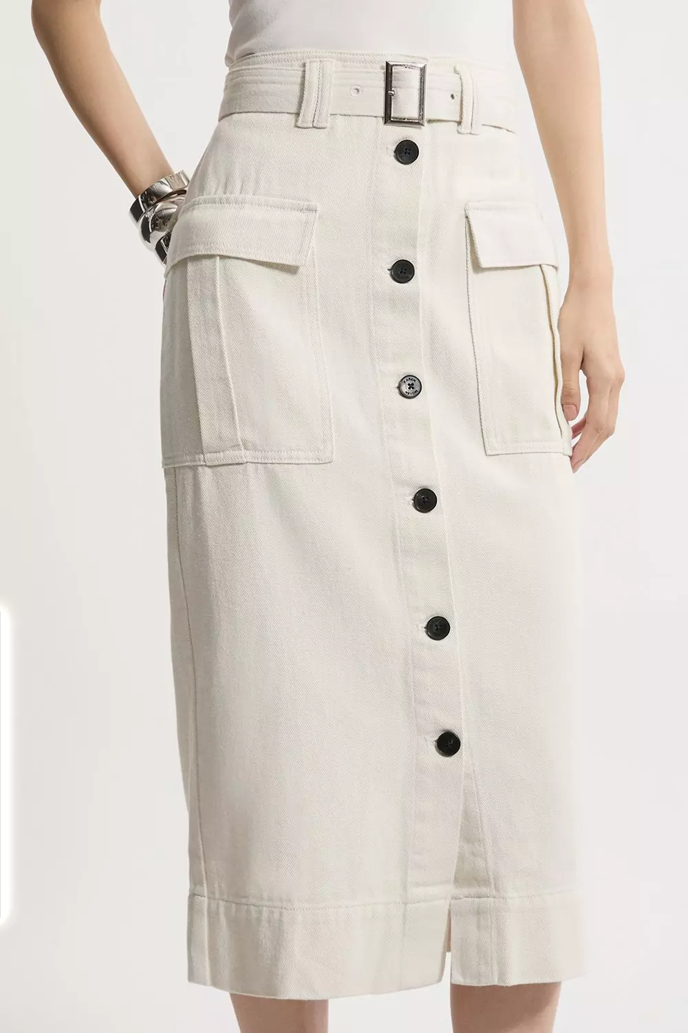 Denim Cargo Pocket Belted Midi Skirt Karen Millen