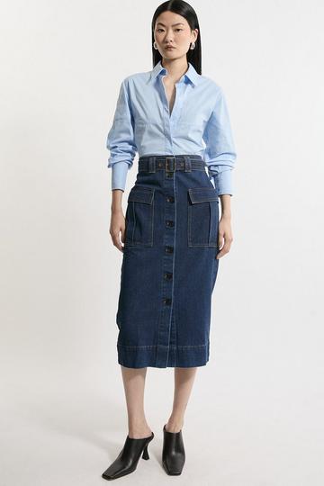 Denim Cargo Pocket Belted Midi Skirt mid blue