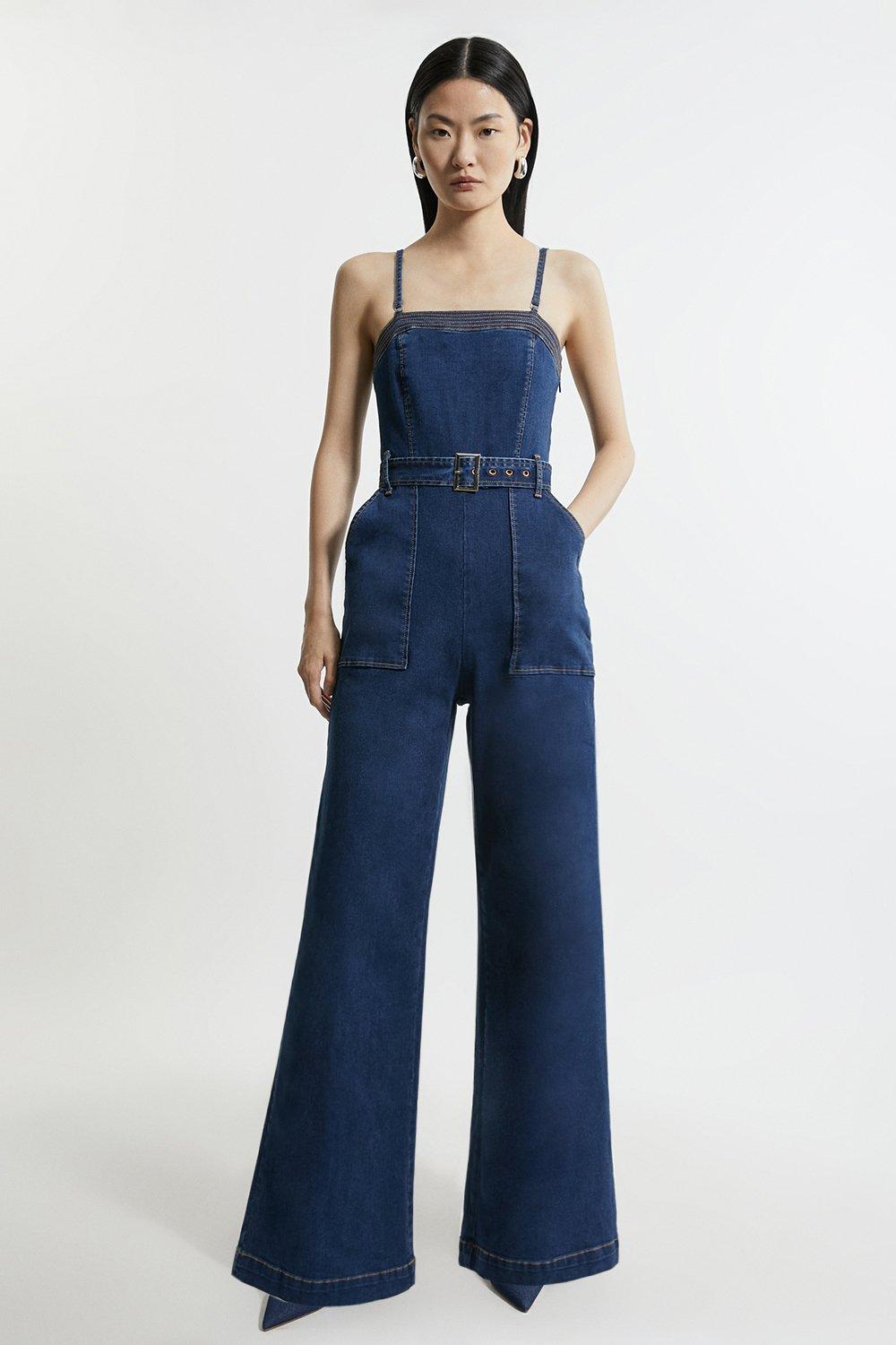 Stretch Denim Bandeau Belted Wide Leg Jumpsuit Karen Millen