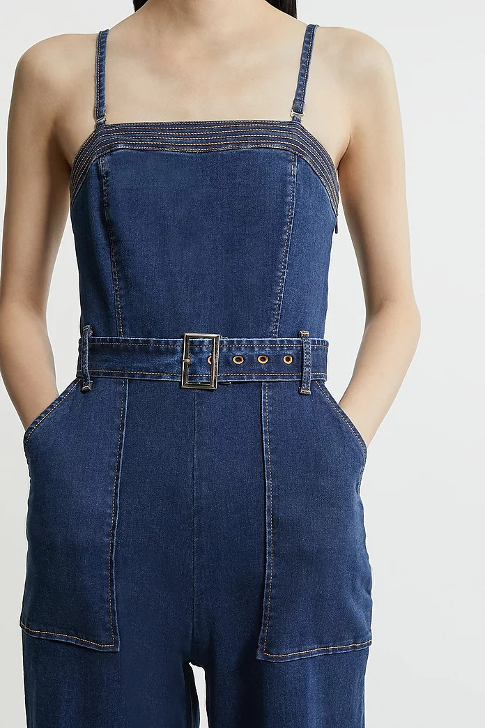Stretch Denim Bandeau Belted Wide Leg Jumpsuit | Karen Millen Stretch Denim Bandeau Belted Wide Leg Jumpsuit | Karen Millen
