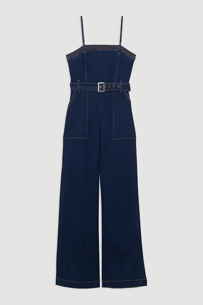Stretch Denim Bandeau Belted Wide Leg Jumpsuit | Karen Millen Stretch Denim Bandeau Belted Wide Leg Jumpsuit | Karen Millen