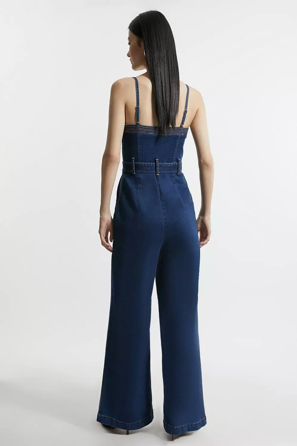 Stretch Denim Bandeau Belted Wide Leg Jumpsuit Karen Millen