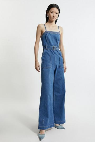 Ash Grey Stretch Denim Bandeau Belted Wide Leg Jumpsuit