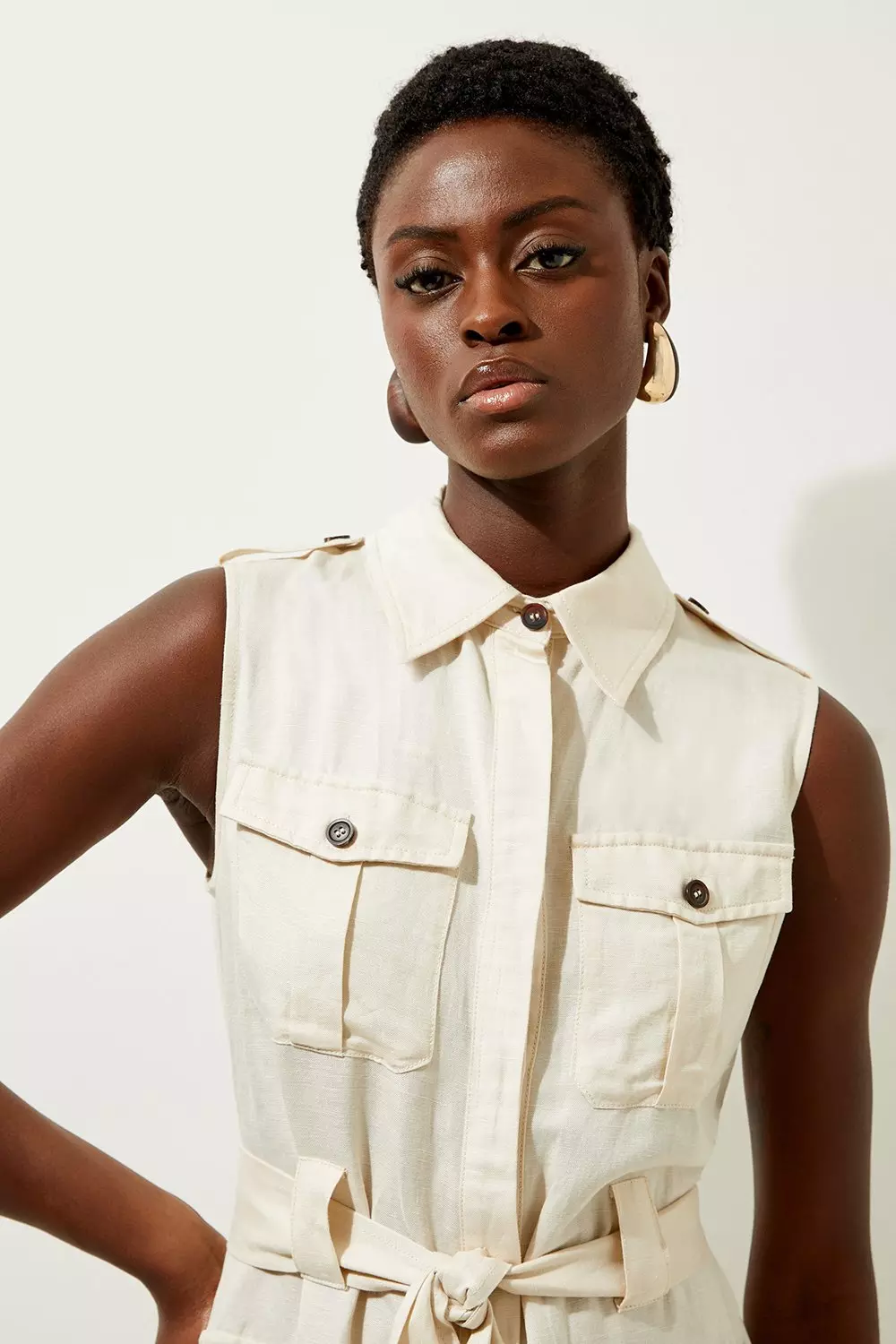 Viscose Linen Woven Sleeveless Shirt Midi Dress | Karen Millen