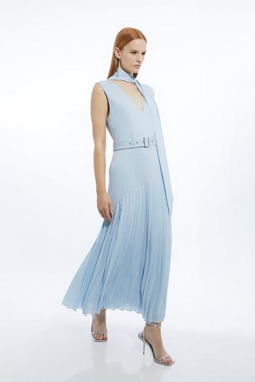 Tie Neck Ponte And Georgette Jersey Pleated Midaxi Dress baby blue