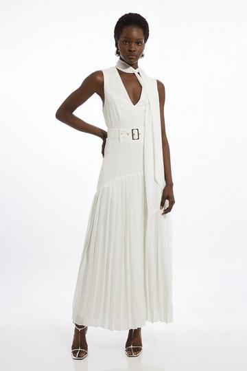 Tie Neck Ponte And Georgette Jersey Pleated Midaxi Dress ivory