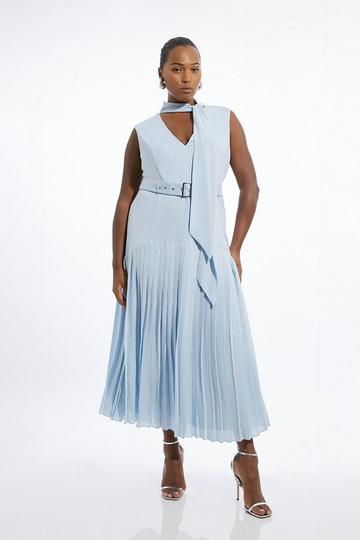 Plus Size Tie Neck Ponte And Georgette Jersey Pleated Midaxi Dress baby blue
