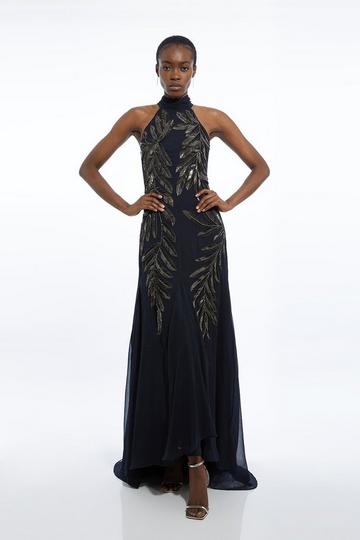 Navy Halter Neck Feather Sequin Detail Woven Maxi Dress