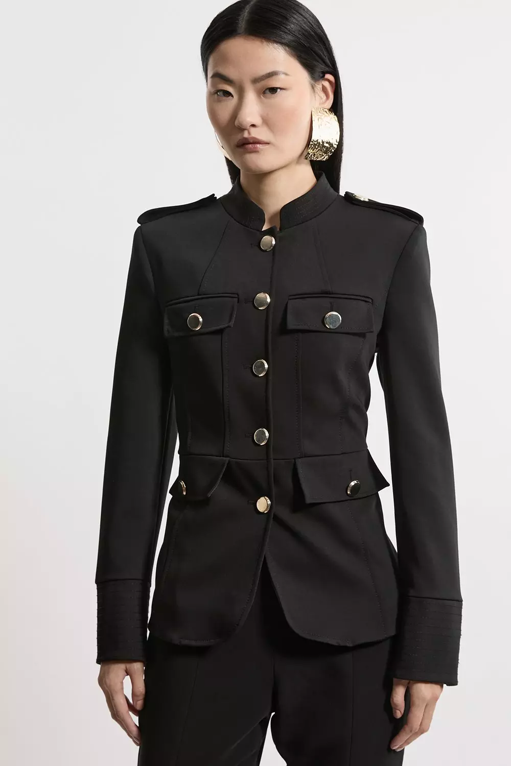 Karen Millen Womens Petite Tailored Utility Detailed Single Breasted Jacket Black Size 4