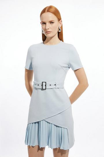 Blue Ponte And Georgette Jersey Pleated Skirt Mini Dress