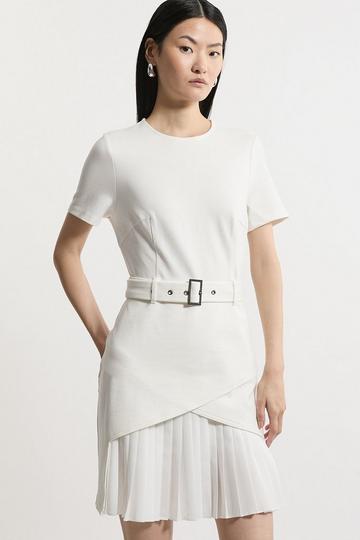 Ponte And Georgette Jersey Pleated Skirt Mini Dress ivory