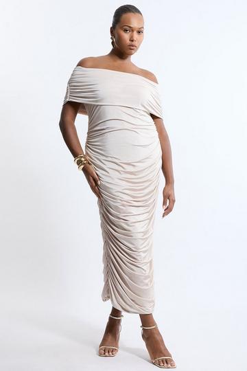 Plus Size Drapey Slinky Jersey Off The Shoulder Maxi Dress oyster