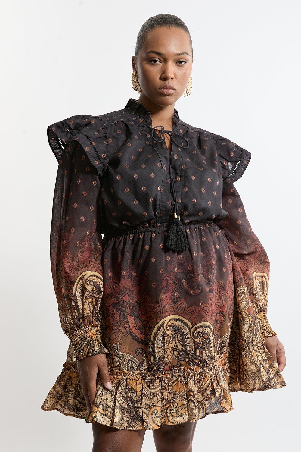 Plus Size Frill Detail Sleeve Paisley ...