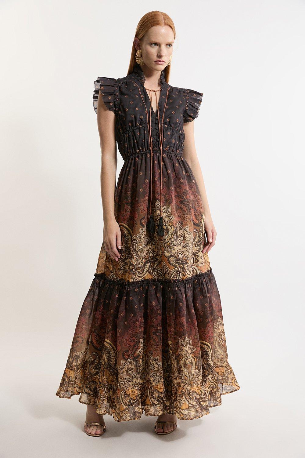 Petite Printed Paisley Print Cotton Woven Maxi Dress