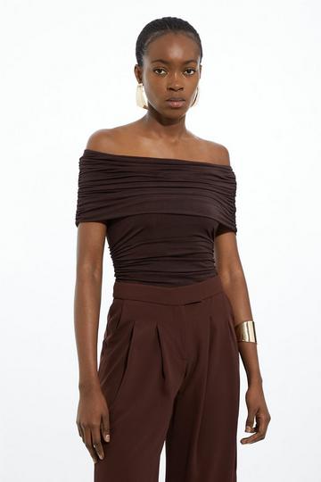 Drapey Slinky Jersey Off The Shoulder Bodysuit chocolate