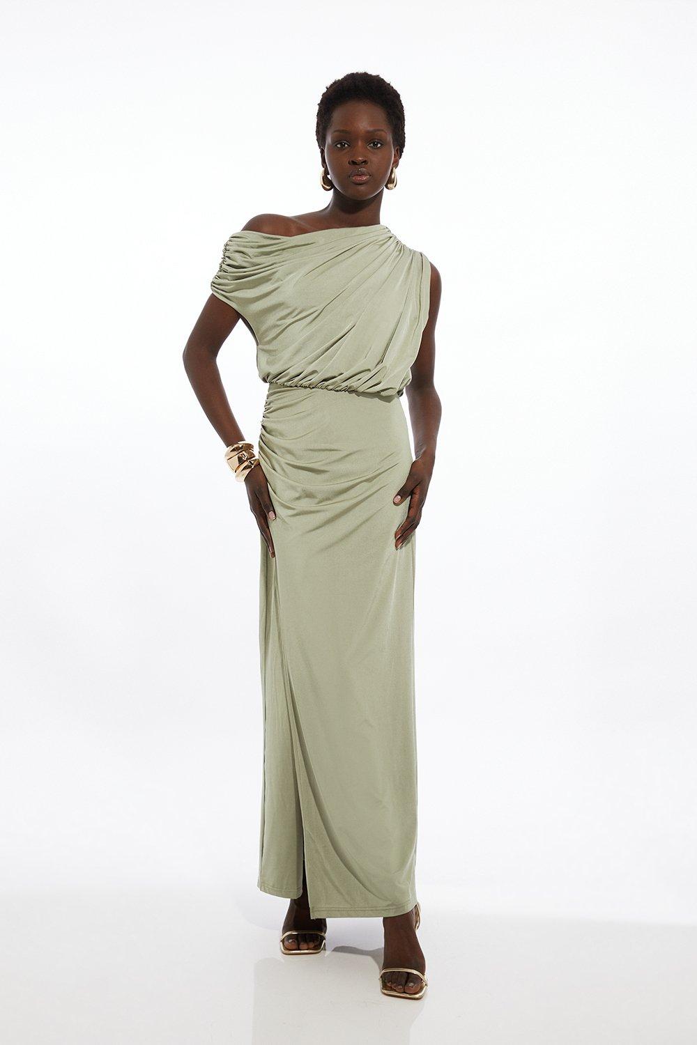 Petite Drapey Slinky Jersey Bardot Maxi Dress