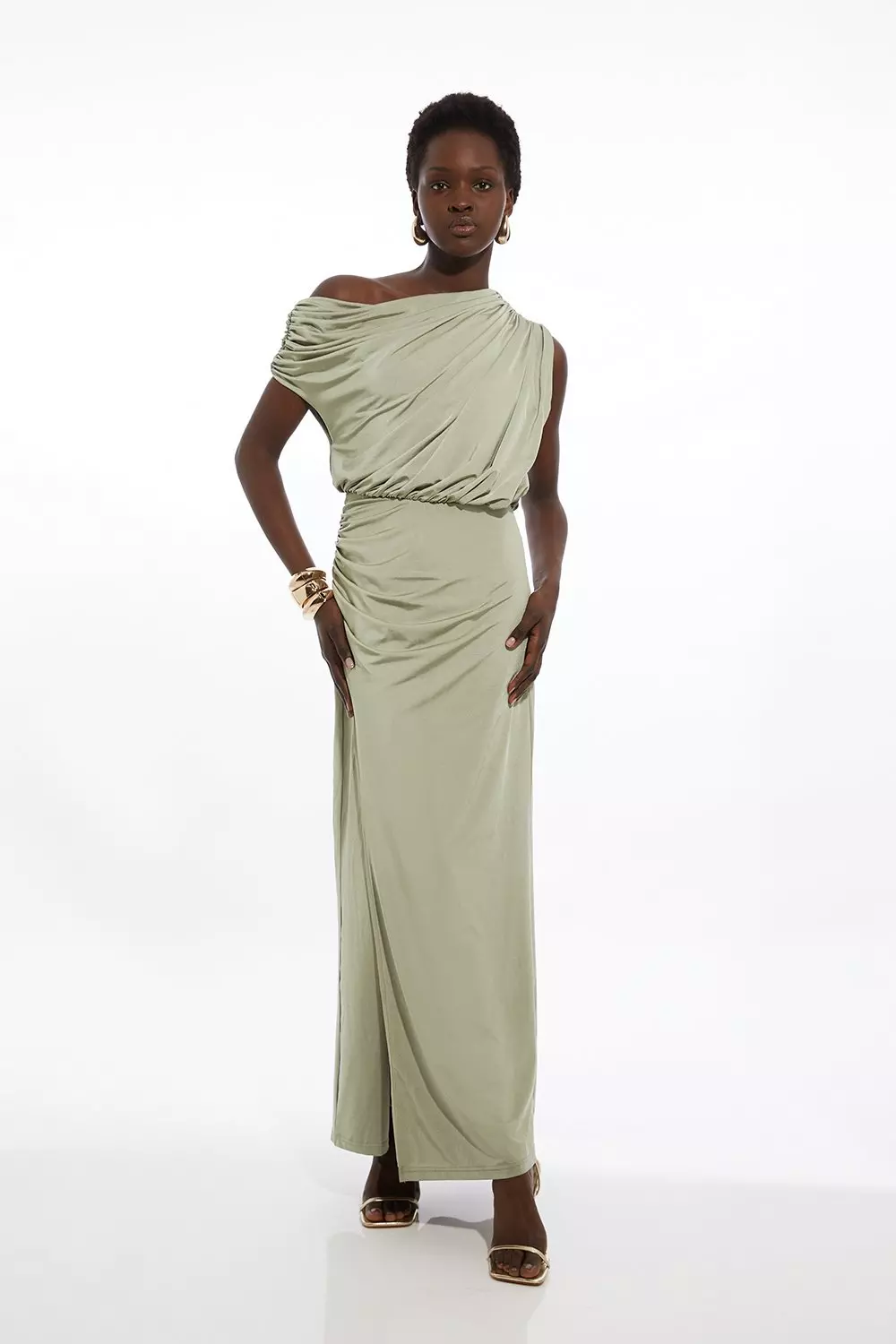 Karen Millen Womens Petite Drapey Slinky Jersey Off The Shoulder Maxi Dress Sage Size L