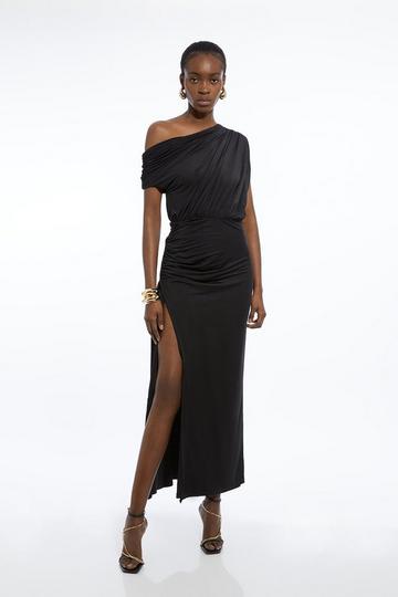 Black Drapey Slinky Jersey One Shoulder Maxi Dress