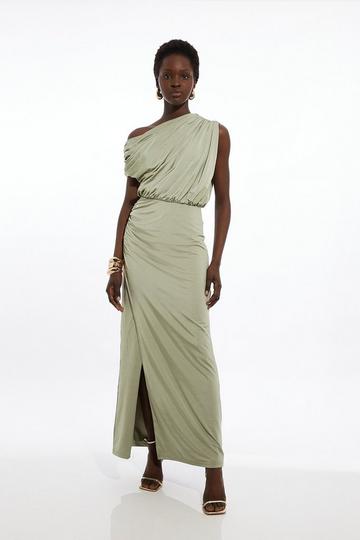 Drapey Slinky Jersey One Shoulder Maxi Dress sage