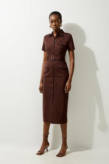 Petite Pocket Detail Ponte Jersey Short Sleeve Midi Dress chocolate