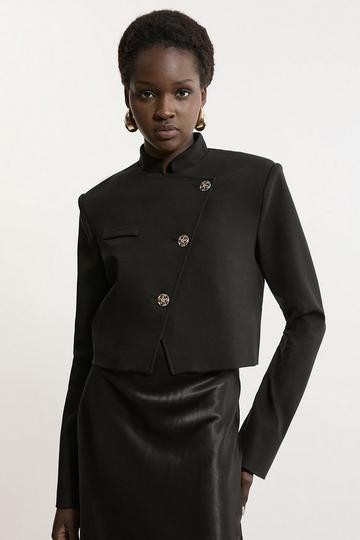 Black Button Detail Luxe Ponte Jersey Cropped Jacket