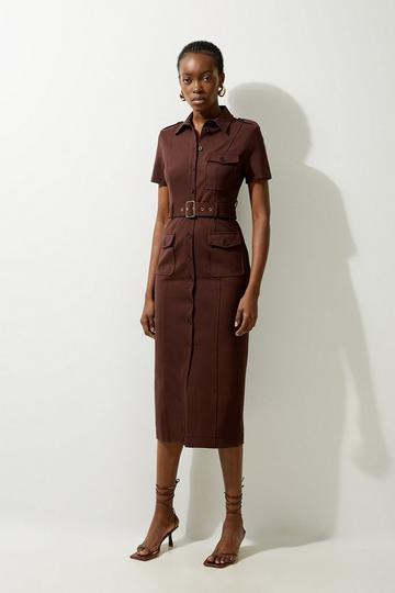 Pocket Detail Ponte Jersey Short Sleeve Midi Dress chocolate