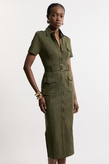 Khaki Pocket Detail Ponte Jersey Short Sleeve Midi Dress