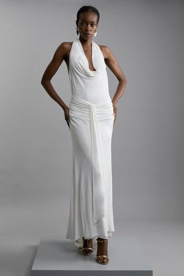 Premium Viscose Jersey Crepe Cowl Neck Maxi Dress ivory