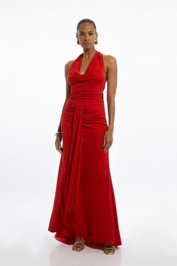 Red Premium Viscose Jersey Crepe Cowl Neck Maxi Dress